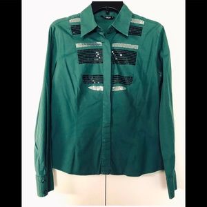 Miss Berge Blouse Shirt Sz M Silver Black Pallets 96% Cotton Stretch